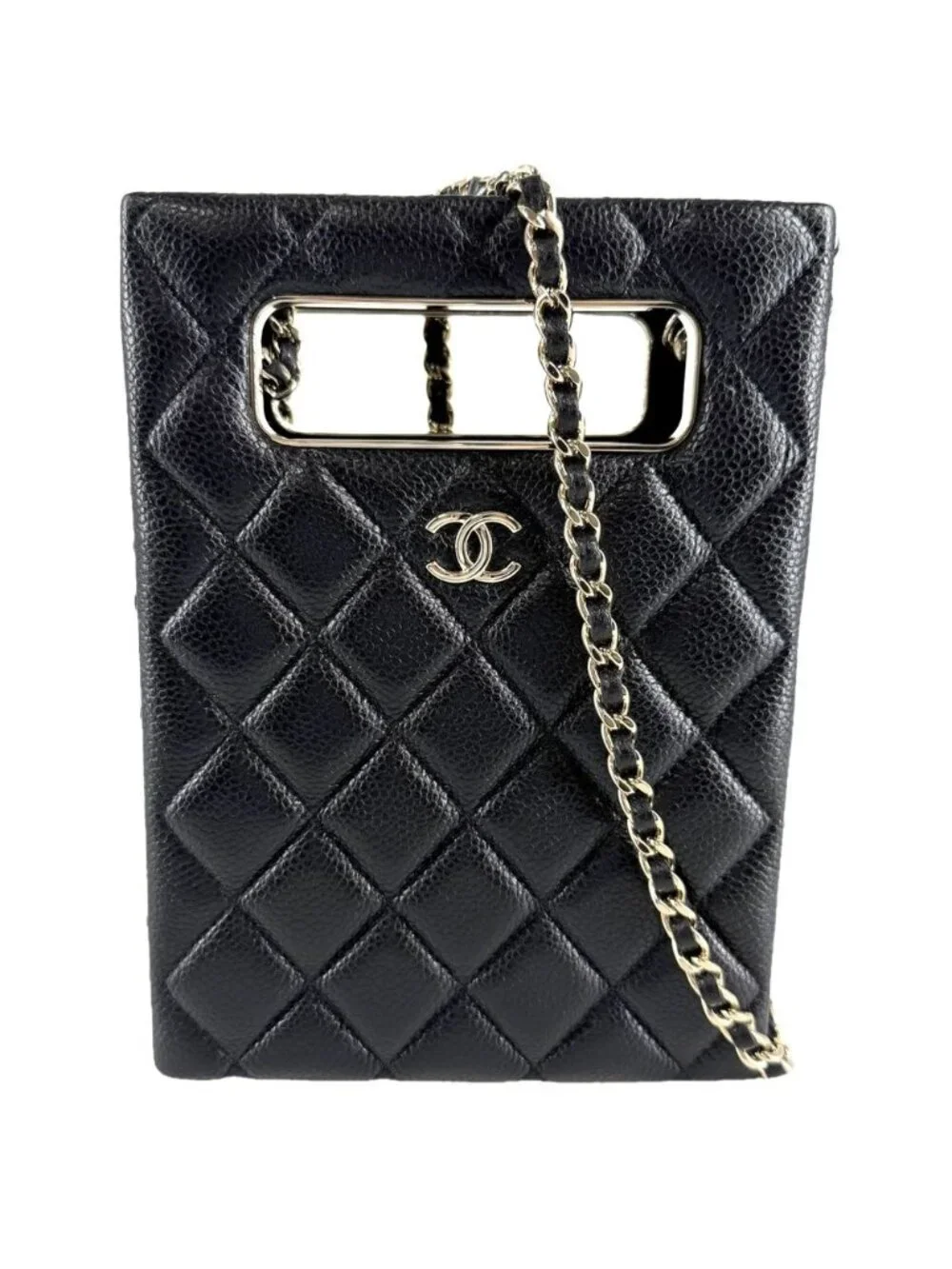 Chanel Shoulder Bag Quilted Evening CC Logo Bag Caviar Leather Black Gold